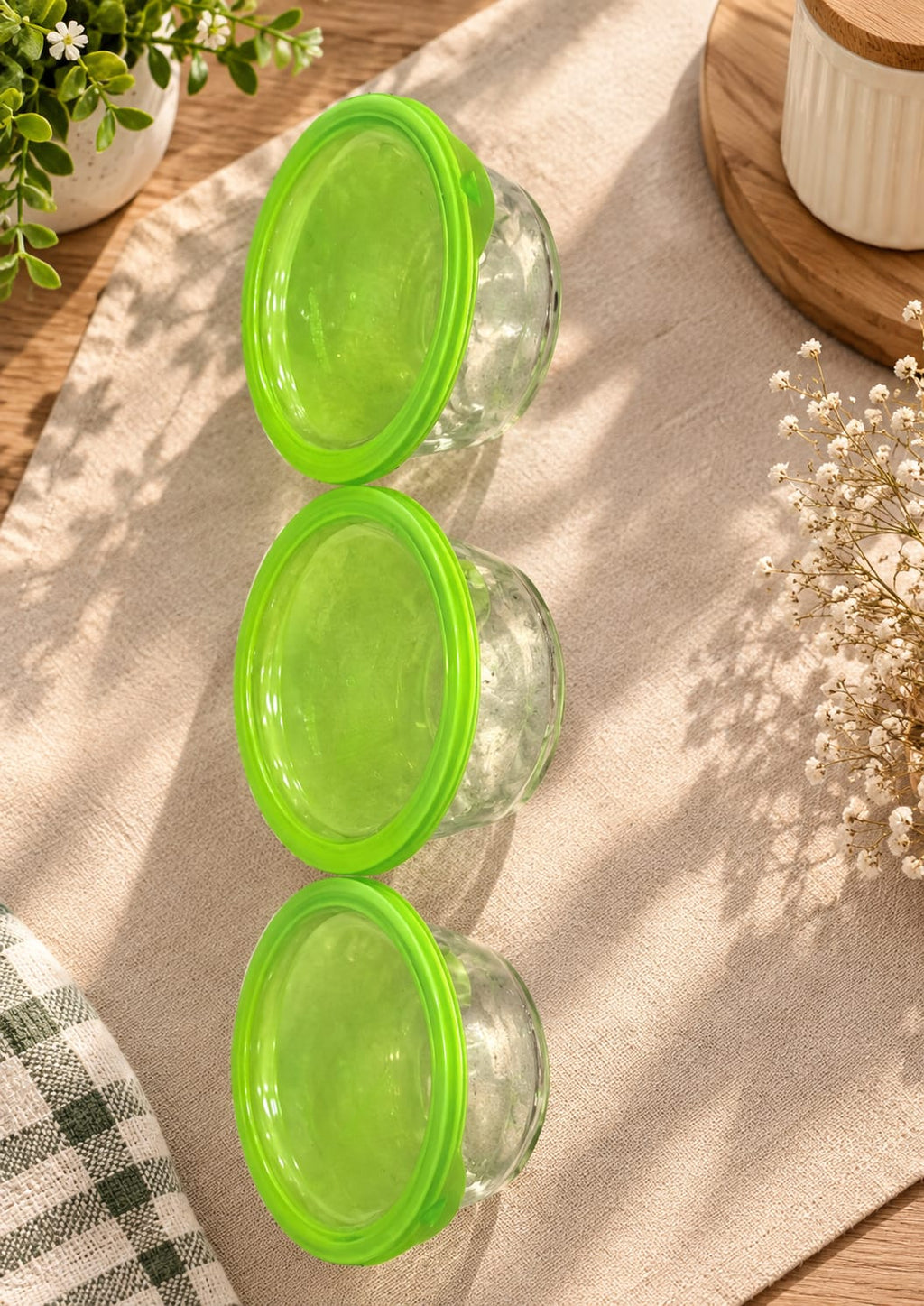 Barniwala Glass Storage Bowls with Green Airtight Lids, Pack of 3 | Transparent Kitchen Containers for Dry Fruits, Nuts, Snacks, Fruits, Leftovers & Food | Multipurpose Refrigerator & Pantry Organizer