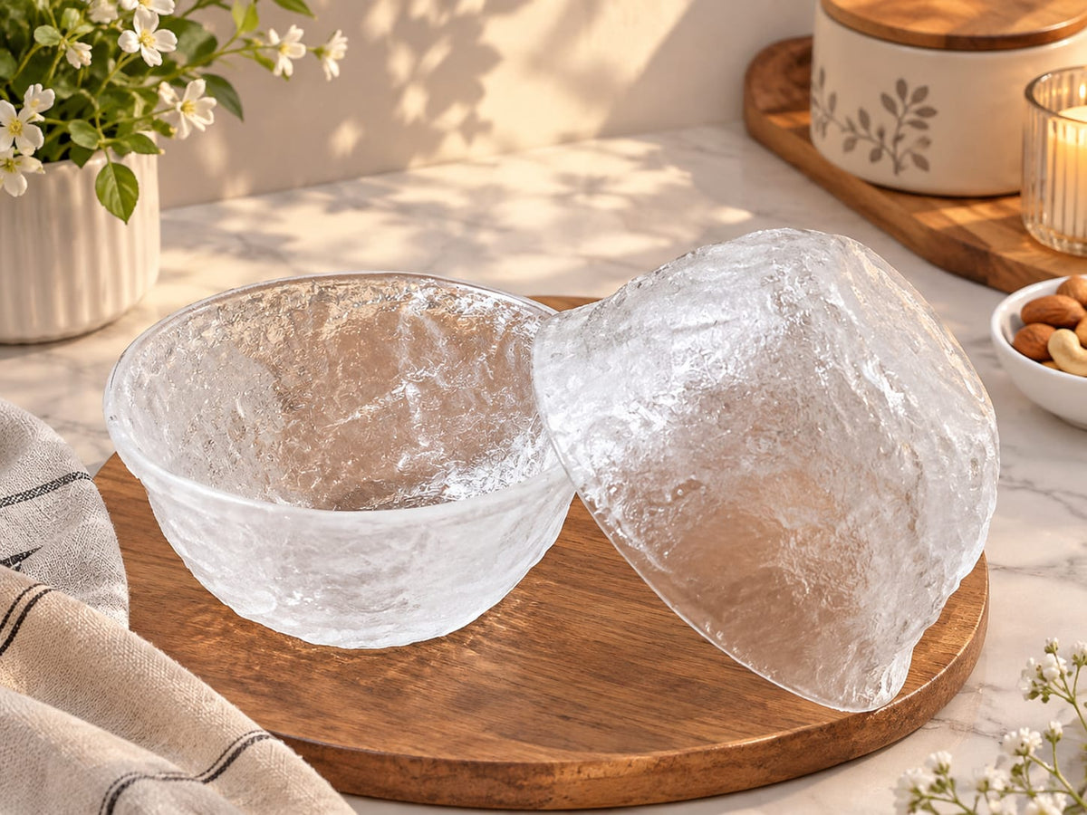 Cool Summer Glacier Glass Bowls Set of 2 | Elegant Textured Glass Serving Bowls for Ice Cream, Desserts, Fruits, Snacks & Salads | Stylish Crystal Look Bowls for Kitchen, Dining & Parties