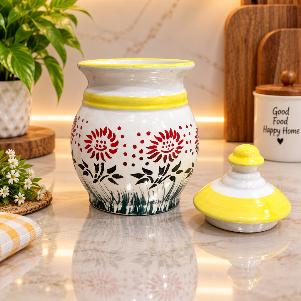 Barniwala 500 ML Ceramic Bulb Storage Jar with Lid | Decorative Kitchen Container for Pickle, Achar, Spices, Sugar, Tea, Coffee, Dry Fruits & Snacks | Stylish Food Storage Canister