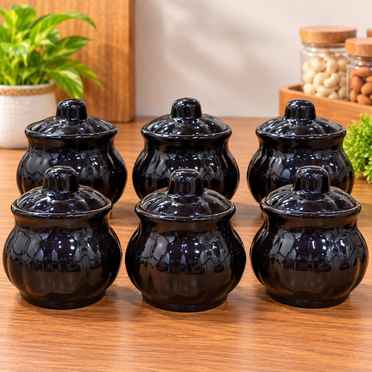 Barniwala 200 ML Ceramic Black Tamatar Loota Storage Jars with Lid | Pack of 6 | Premium Kitchen Containers for Pickle, Achar, Spices, Sugar, Tea, Coffee, Dry Fruits & Snacks | Stylish Pantry Organizer