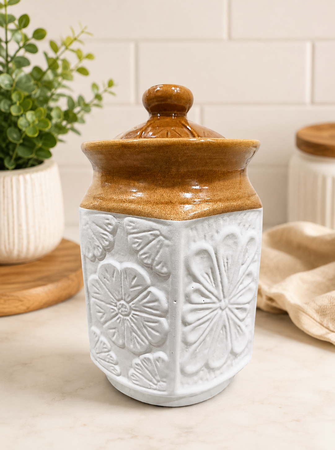 Barniwala 2000 ML Ceramic Carving Storage Jar with Lid | Premium Decorative Kitchen Container for Pickle, Achar, Spices, Sugar, Tea, Coffee, Dry Fruits & Snacks | Stylish Pantry Organizer & Food Storage Canister