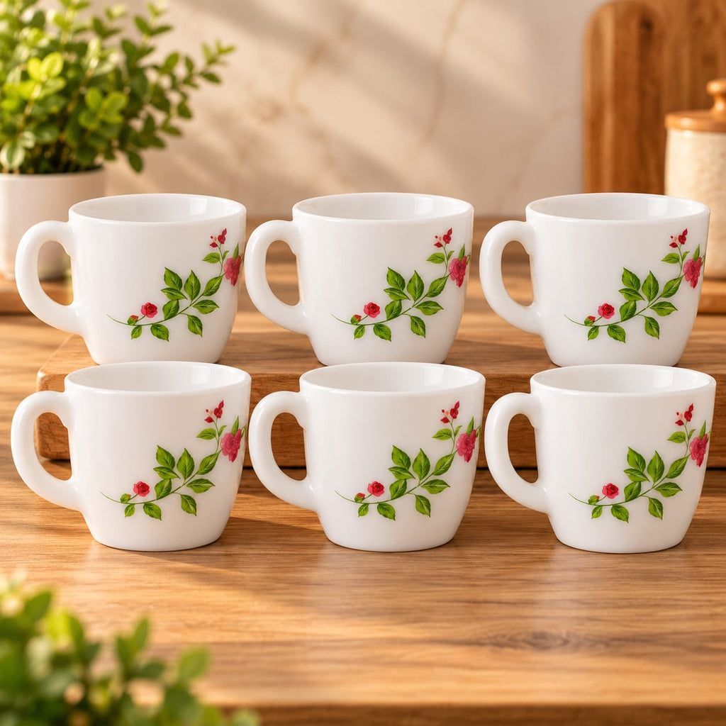 CELLO Ricca Imperial Rose Cup Set of 6, 100 ML | Elegant Floral Printed Tea & Coffee Cups | Stylish Small Cups for Home, Office & Serving