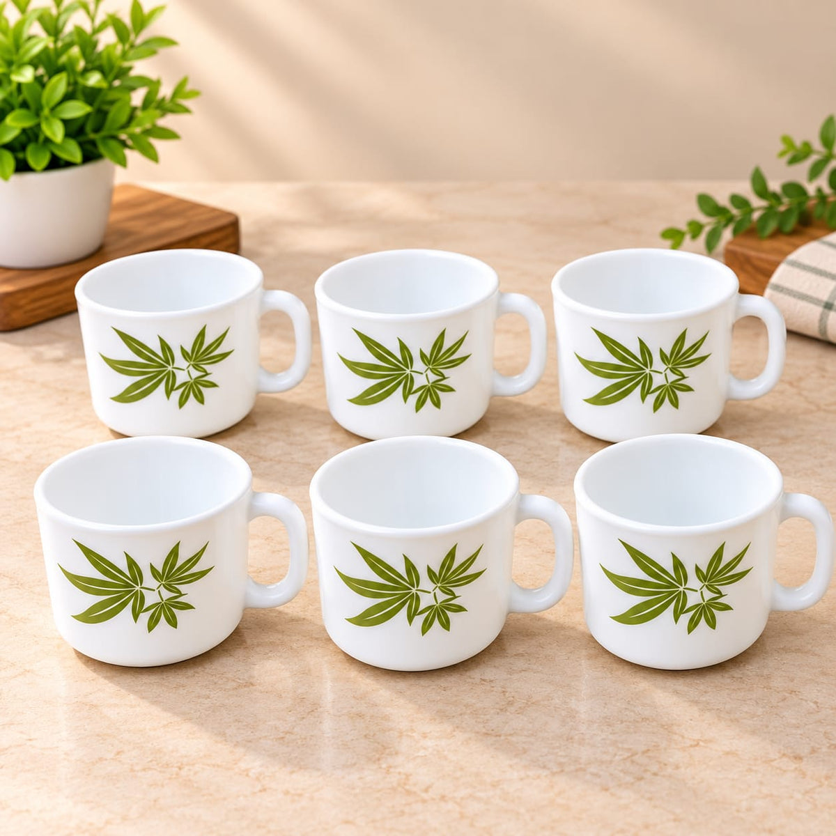 La Opala Trinity Green Cup Set of 6 | 120 ML Premium Opalware Tea & Coffee Cups | Elegant Green Leaf Design | Lightweight, Stylish & Durable Cups for Home and Office