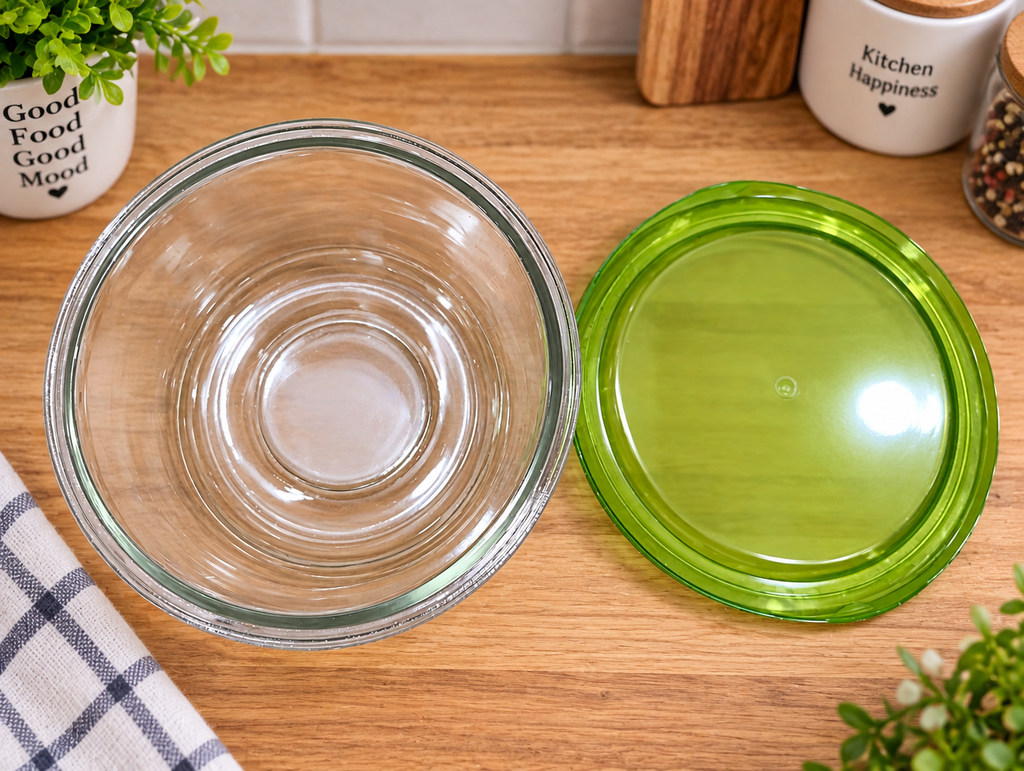 Barniwala Glass Bowl with Green Airtight Lid, 1 Pc | Transparent Kitchen Storage Container for Dry Fruits, Nuts, Snacks, Fruits, Leftovers & Food | Multipurpose Refrigerator & Pantry Organizer