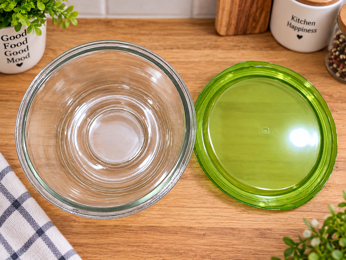 Barniwala Glass Bowl with Green Airtight Lid, 1 Pc | Transparent Kitchen Storage Container for Dry Fruits, Nuts, Snacks, Fruits, Leftovers & Food | Multipurpose Refrigerator & Pantry Organizer