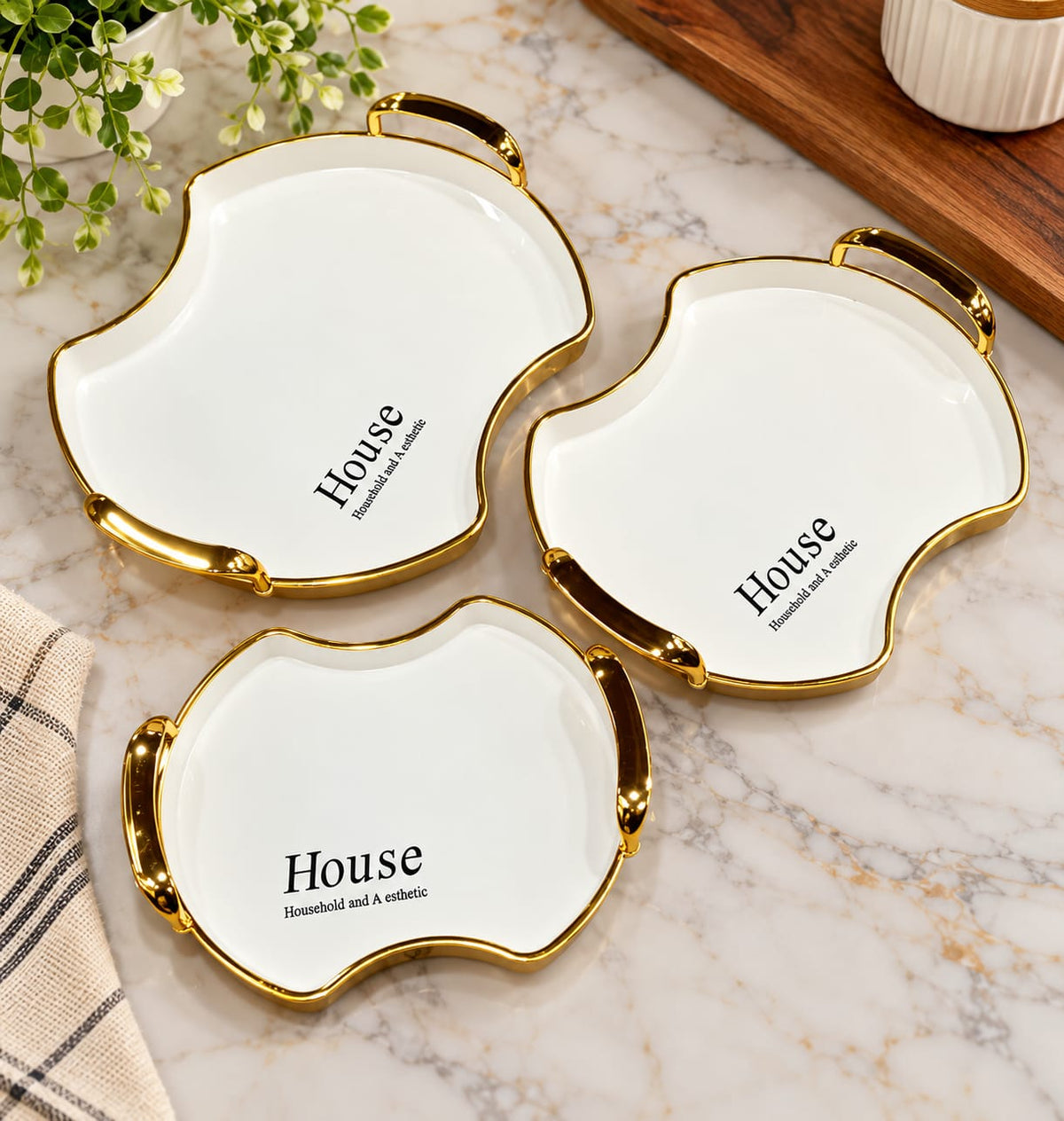 Acrylic Serving Tray Set of 3 | Premium Decorative Serving Platters with Golden Handles & Elegant Design | Multipurpose Food Serving Tray for Snacks, Sweets, Dry Fruits, Tea & Coffee