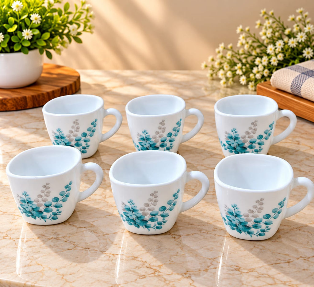 Cello Vogua Aqua Leaves Cups Set of 6, 100 ml Small Tea & Coffee Cups with Elegant Floral Design for Home, Office & Gifting