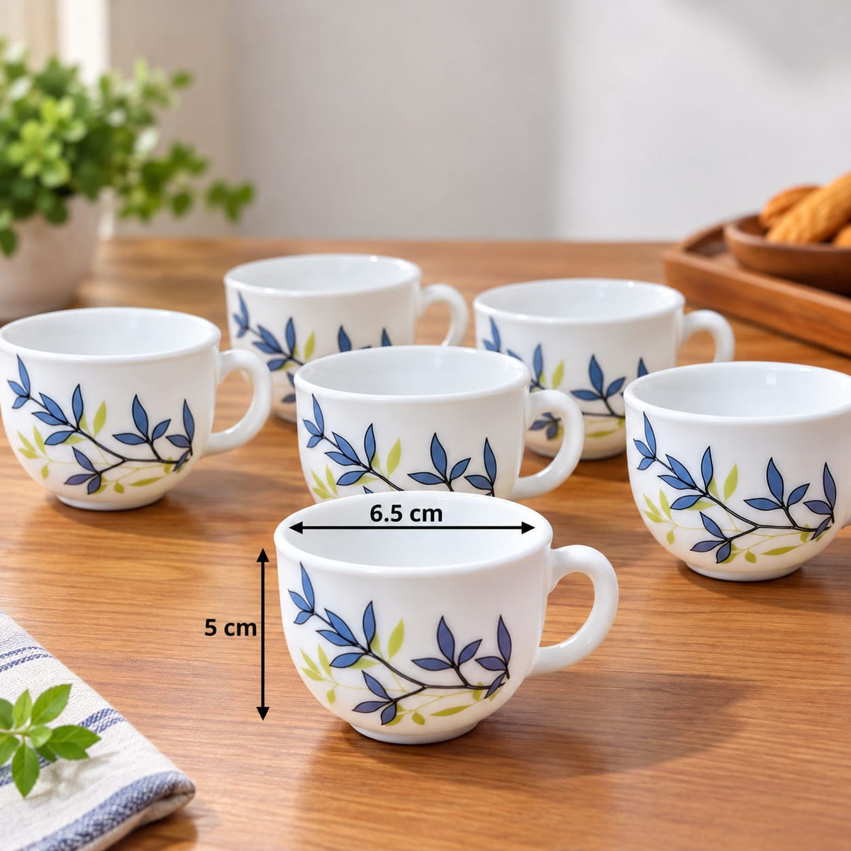 La Opala Silken Charm Cup Set of 6, 100 ML Each | White Cups with Blue & Green Floral Design | Elegant Tea & Coffee Cups for Home