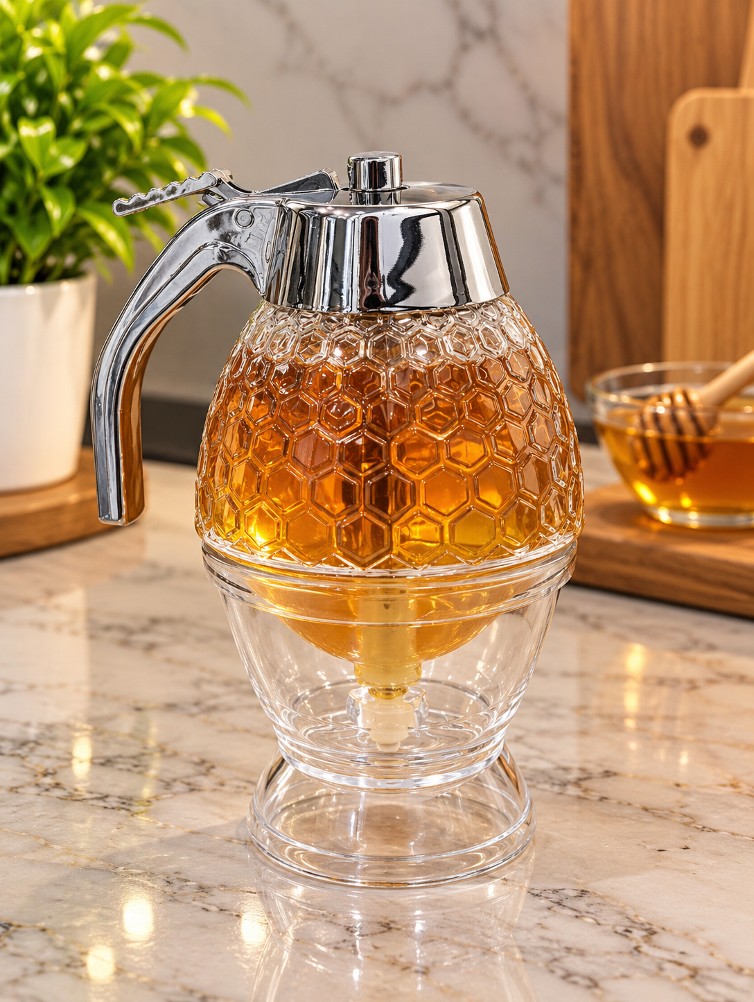 Honey Dispenser with Easy Press Handle, Plastic Honey Pump Dispenser with Honeycomb Design | No-Drip Honey & Syrup Dispenser Bottle for Kitchen, Breakfast, Pancakes, Waffles & Desserts