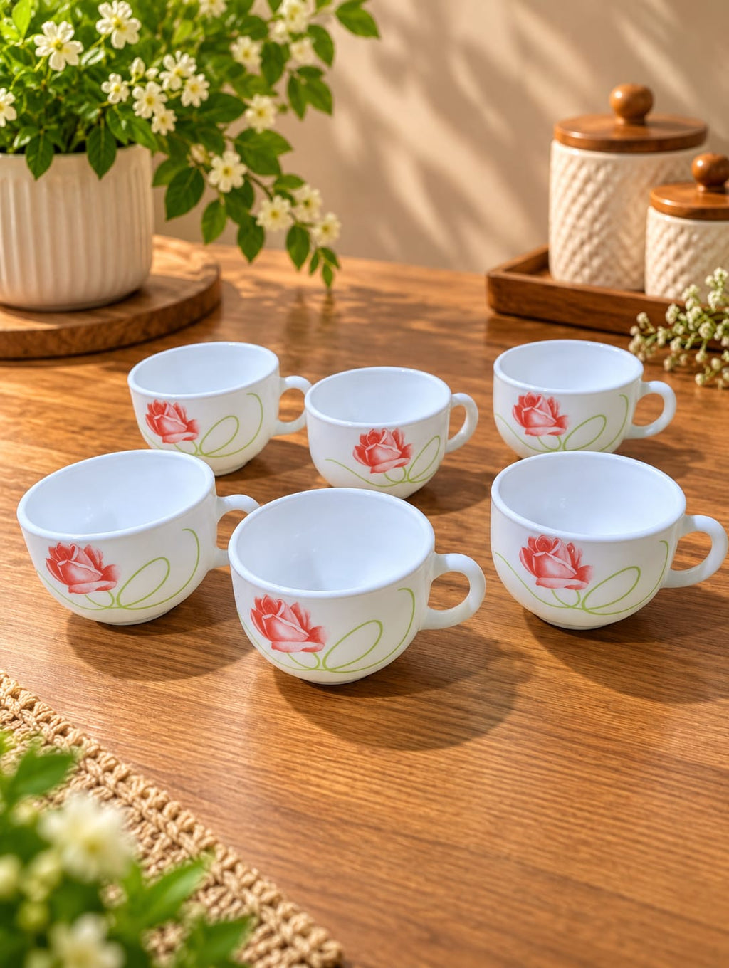 La Opala Dainty Swirls Cup Set of 6, 100 ml | White Cups with Pink Rose Floral Design | Elegant Tea & Coffee Cups for Home, Office & Gifting