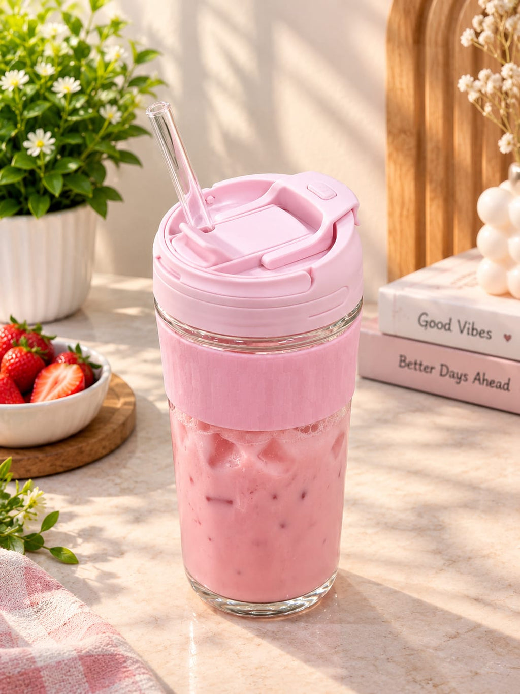 Blush Pink Glass Tumbler Pack of 1 | Premium Glass Sipper Cup with Flip Lid & Straw | Stylish Drinking Cup for Water, Juice, Cold Coffee, Milkshake, Smoothies & Mocktails