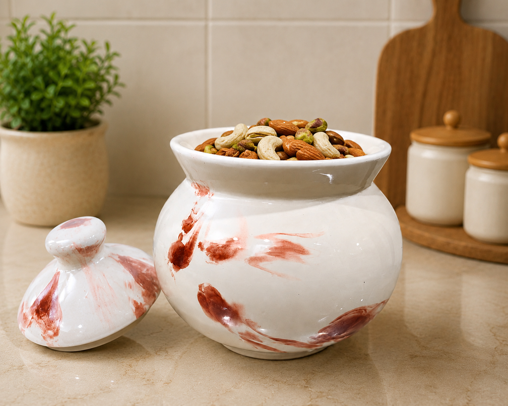 Barniwala 350 ML Ceramic Marbled Handi Storage Jar with Lid | Pack of 2 | Decorative Kitchen Canister for Pickle, Spices, Sugar, Tea, Coffee, Dry Fruits & Snacks