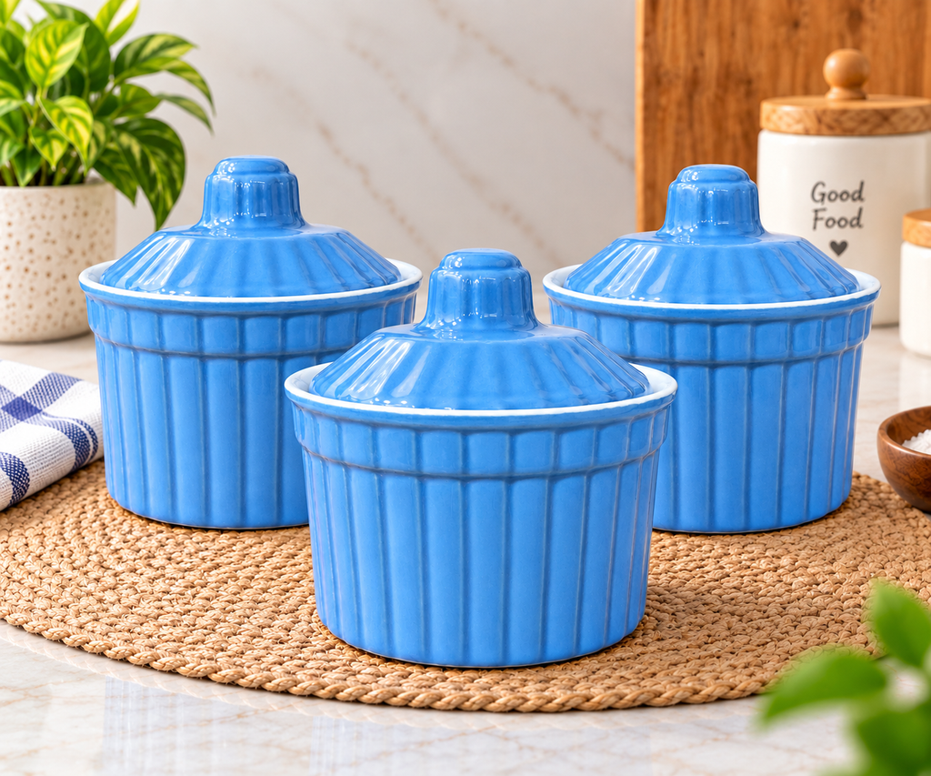 250 ML Ceramic Butter Pot with Lid | Pack of 3| Multipurpose Kitchen Storage Container for Butter, Ghee, Spreads & Condiments | Decorative Ceramic Food Storage Jar