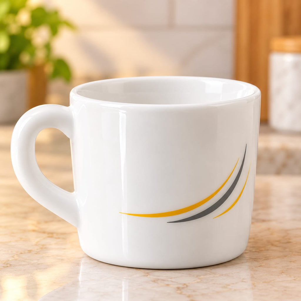 CELLO Stella Golden Arc Cup Set of 6, 100 ML | Elegant White Tea & Coffee Cups with Golden & Black Arc Design | Stylish Cups for Home & Office