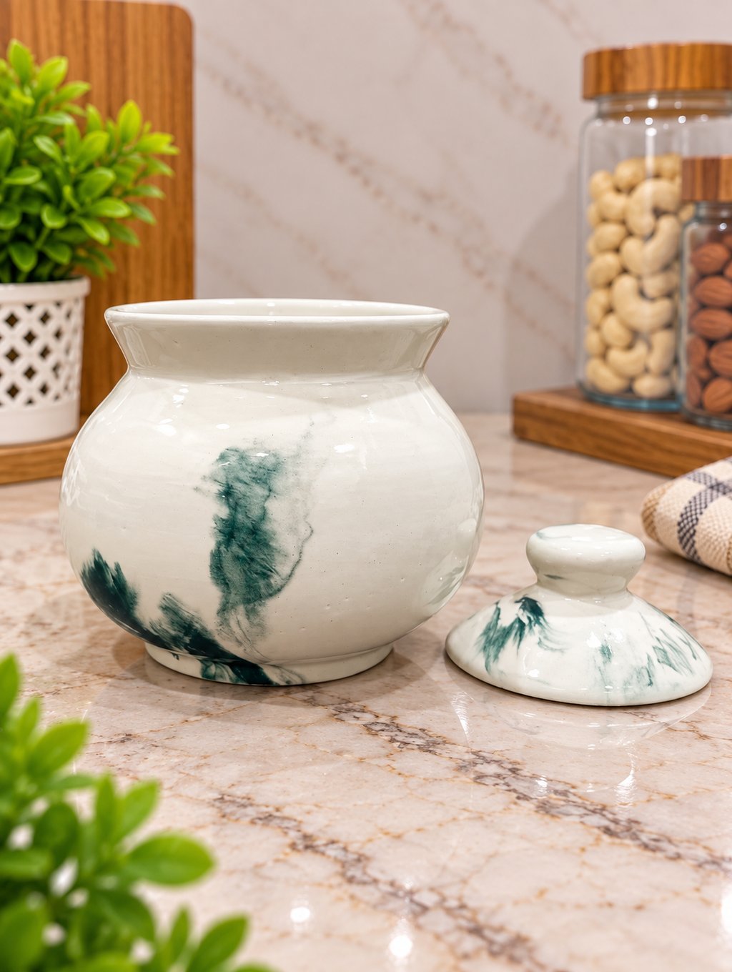 Barniwala 250 ML Ceramic Marble Handi Jar with Lid | Premium Decorative Kitchen Storage Container for Pickle, Achar, Spices, Sugar, Tea, Coffee, Dry Fruits & Snacks | Traditional Handi Style Food Storage Pot
