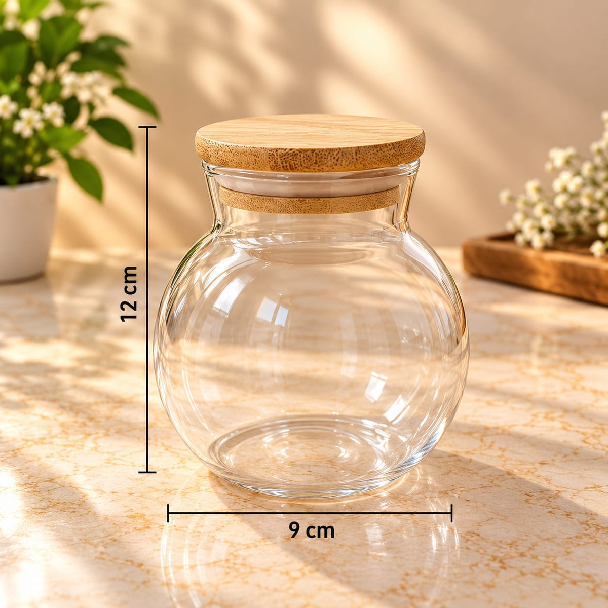 Glass Storage Jar with Bamboo Lid | 1 Pc Transparent Kitchen Canister | Airtight Food Storage Container for Sugar, Tea, Coffee, Spices & Dry Fruits