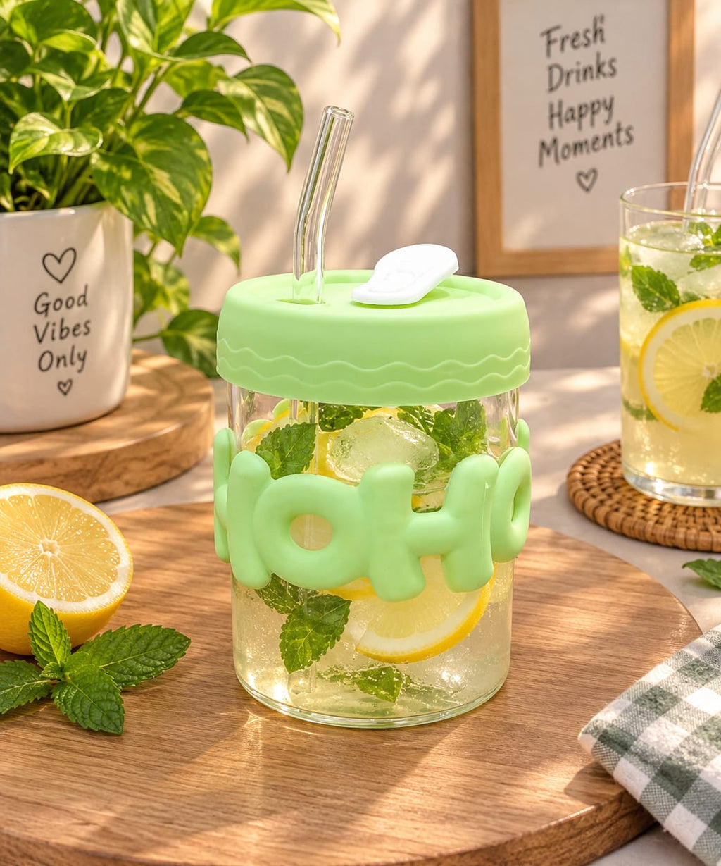 HOHO Glass Sipper with Straw & Lid, Cute Green Cartoon Design Glass Tumbler | Reusable Drinking Cup for Water, Juice, Lemonade, Cold Coffee & Smoothies | Stylish Drinkware for Home, Office & Travel