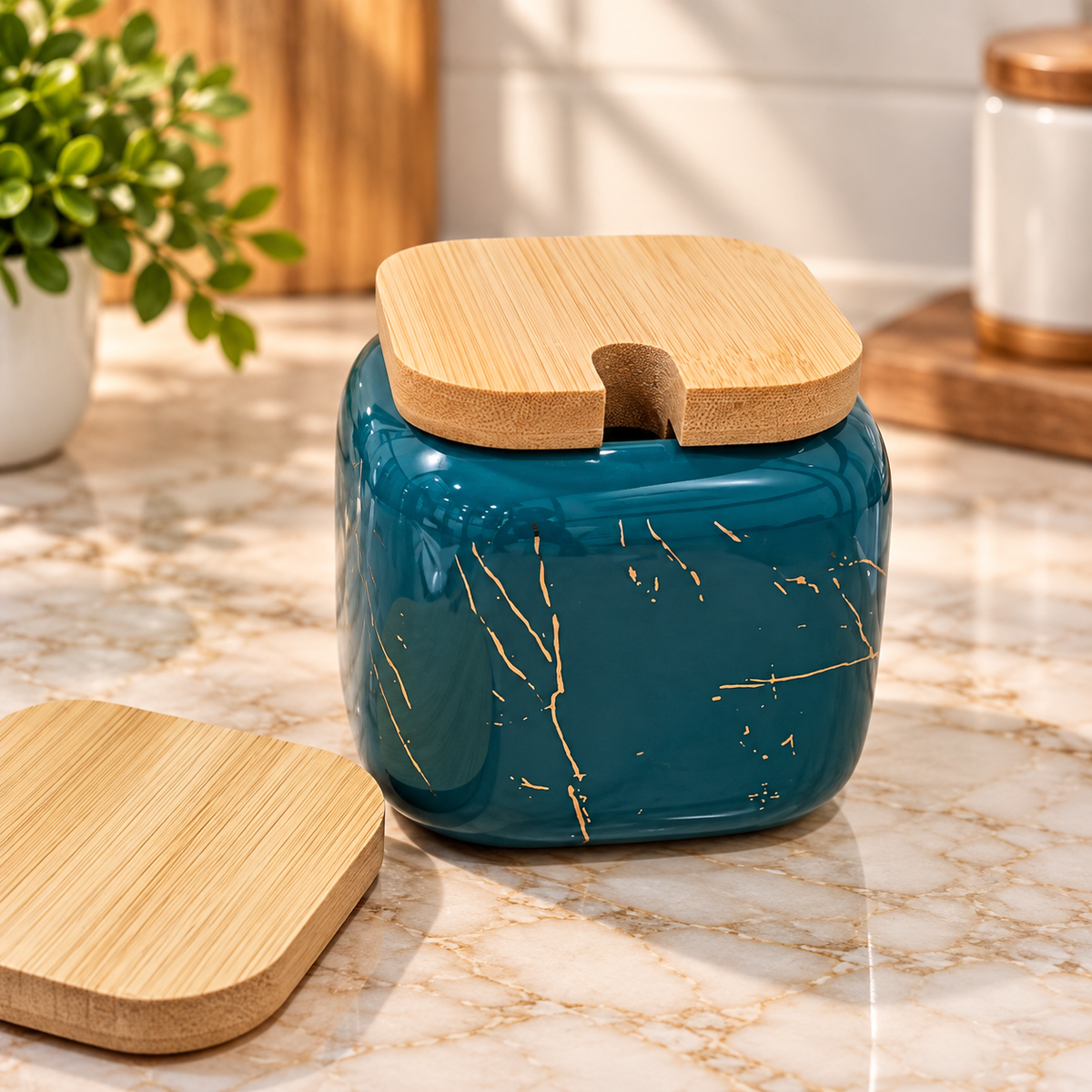 Barniwala Green Ceramic Spice Jar Set of 3 with Bamboo Lids & Serving Spoons | Premium Kitchen Masala Storage Containers | Stylish Spice Jars for Salt, Pepper, Turmeric, Chilli, Herbs & Seasonings