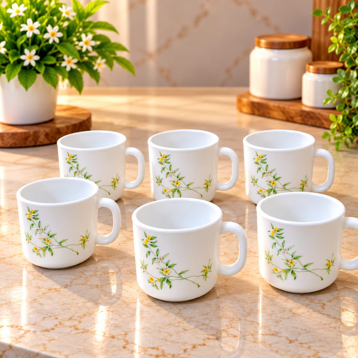 La Opala Vivid Greens Cup Set of 6, 120 ML Each | Elegant Floral Design Tea & Coffee Cups | Lightweight & Stylish Cups for Home, Office & Gifting