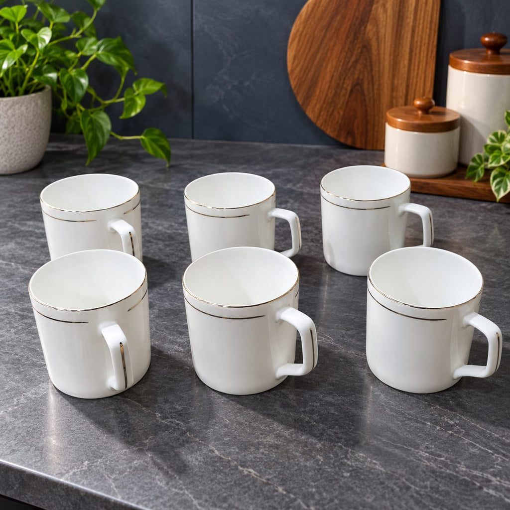 BHARAT Cup Set of 6 Pcs Director Big – Golgen Line 250 ML | Premium White Tea & Coffee Cups with Golden Border | Stylish Cup Set for Home, Office & Gifting