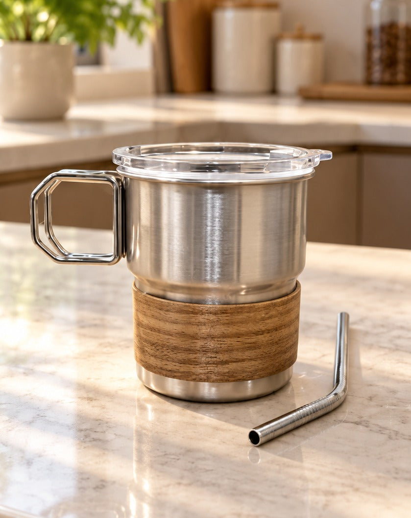 Steel Coffee Cup with Handle, Stainless Steel Coffee Mug with Lid & Straw | Reusable Hot & Cold Beverage Cup for Coffee, Tea, Milk, Juice, Office, Home & Travel