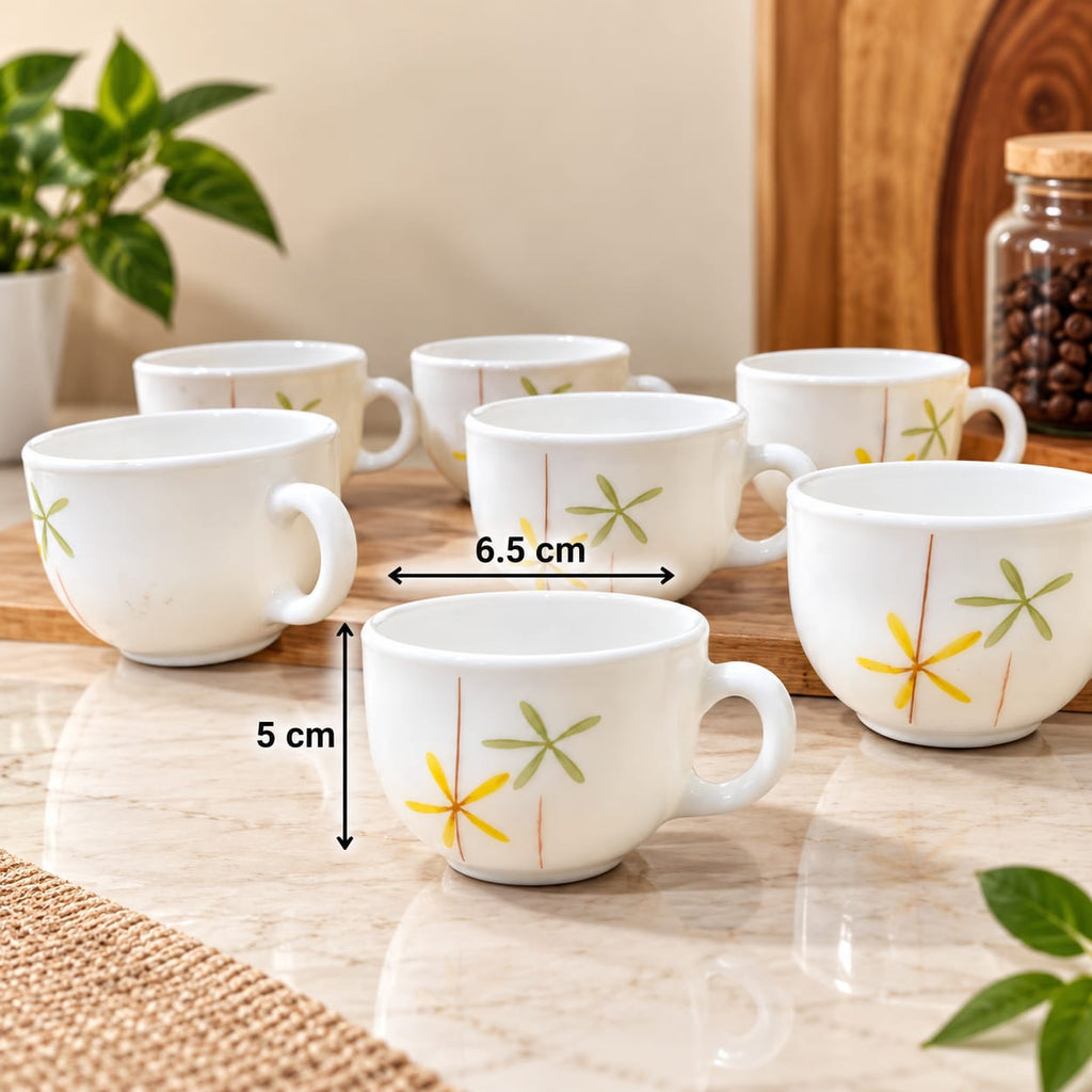 La Opala Autumn Flowers Cup Set of 6, 100 ml Each | Elegant Floral Design Tea & Coffee Cups | Premium White Opalware Cups for Home, Kitchen & Gifting