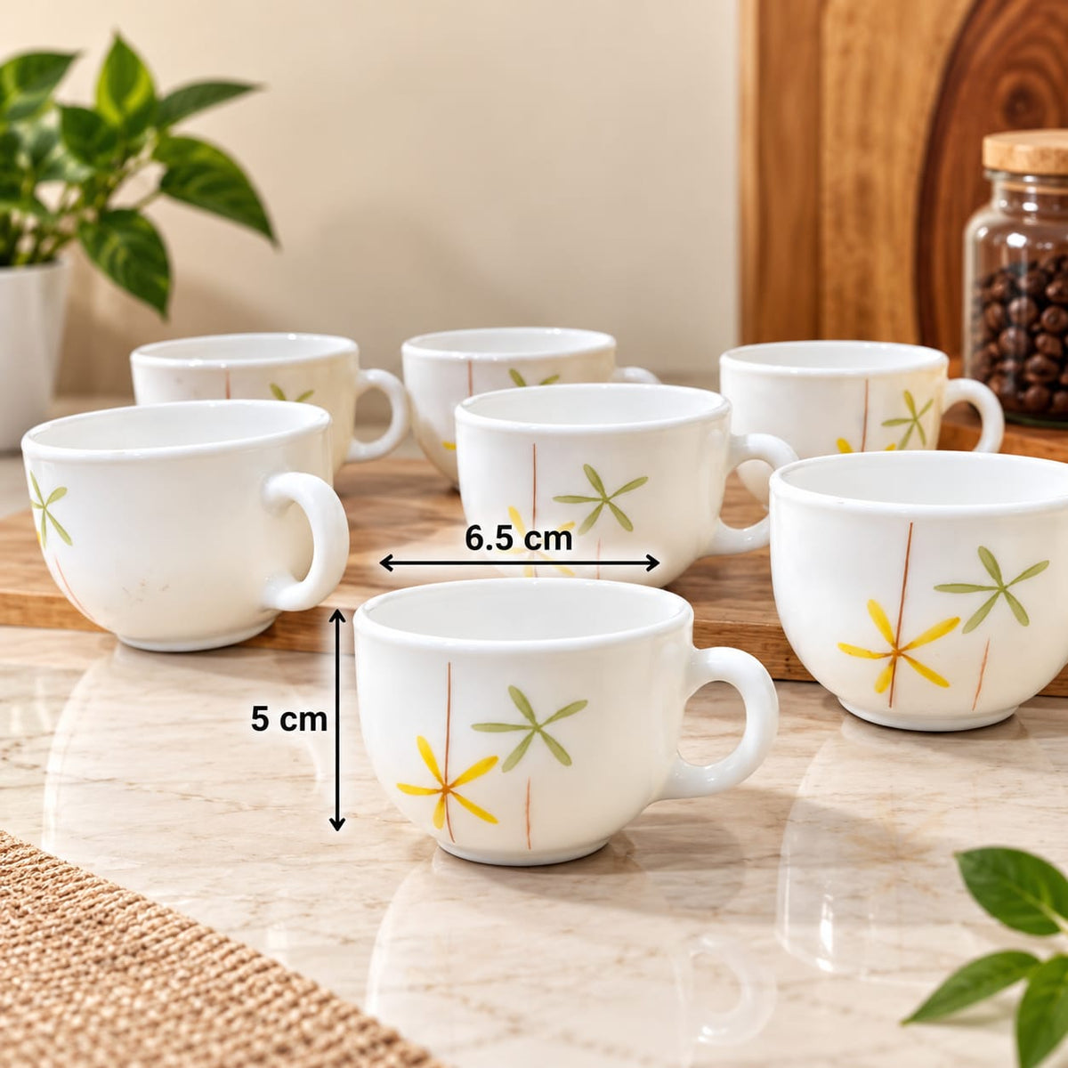La Opala Autumn Flowers Cup Set of 6, 100 ml Each | Elegant Floral Design Tea & Coffee Cups | Premium White Opalware Cups for Home, Kitchen & Gifting