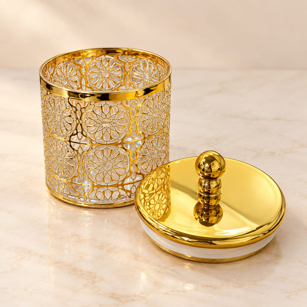 Deluxe Moroccan Geometric Pattern Decorative Canister with Lid | 550 ML | Elegant Gold Finish Storage Container for Kitchen, Home & Décor