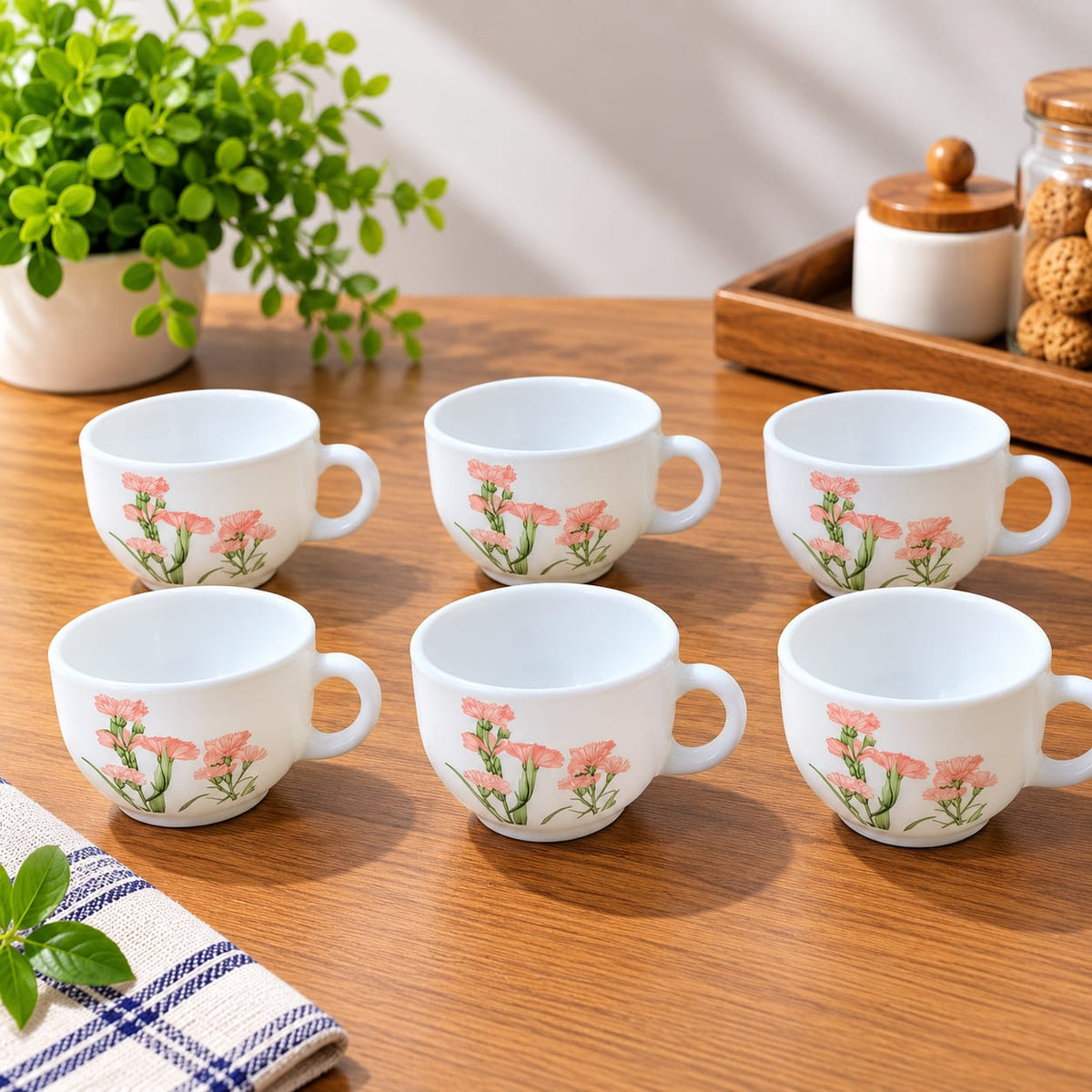 La Opala Pink Florets Cup Set of 6, 100 ML Each | White Floral Printed Tea Cups | Elegant Pink Flower Design | Small Tea, Coffee & Serving Cups
