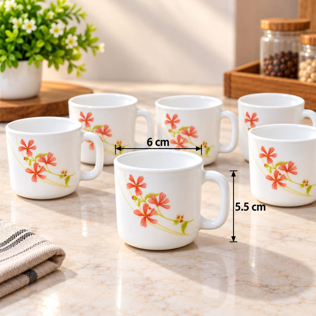 La Opala Coral Charm Cup Set of 6 | 120 ML Floral Printed Coffee & Tea Cups | Elegant White Opalware Cups for Home, Office & Gifting