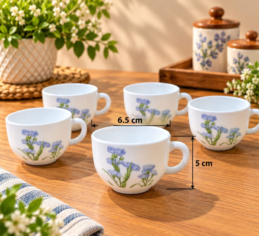 La Opala Blue Florets Cup Set of 6 | 100 ml Small Tea & Coffee Cups | Elegant Floral Design | Premium Opalware Tableware
