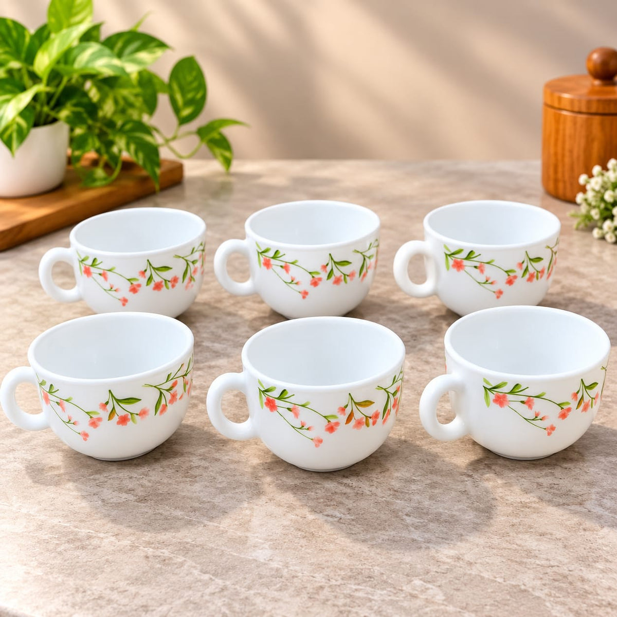 La Opala Spring Meadows Cup Set of 6, 100 ml Each, White Floral Tea & Coffee Cups