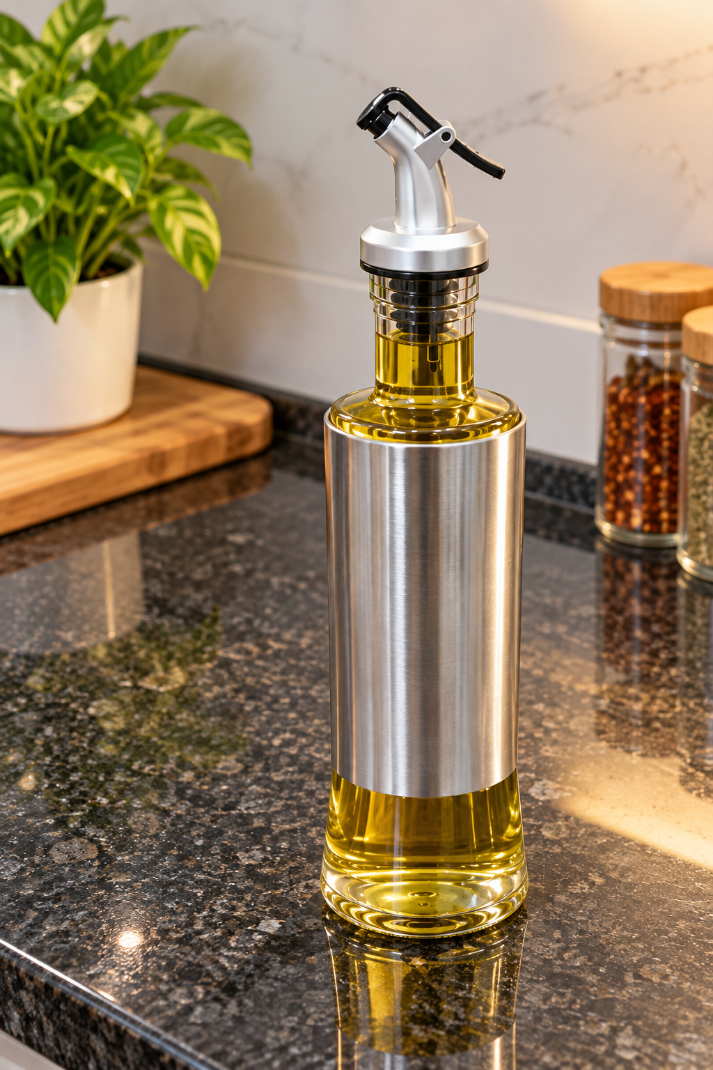 Oil and Vinegar Bottle with Easy Press Pourer, Stainless Steel & Clear Glass Oil Dispenser | Cooking Oil, Vinegar, Sauce & Dressing Bottle for Kitchen, Dining Table & Restaurant
