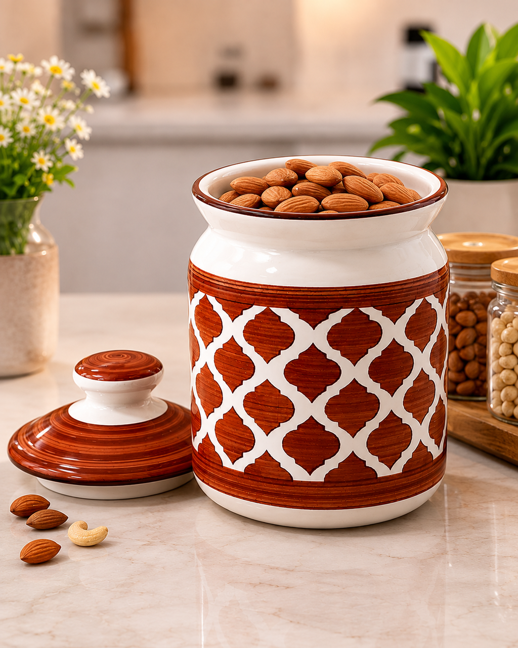Barniwala 1000 ML Ceramic Cylindrical Storage Jar with Lid | Decorative Kitchen Canister for Pickle, Achar, Spices, Dry Fruits, Snacks, Biscuits, Tea, Coffee & Pantry Essentials