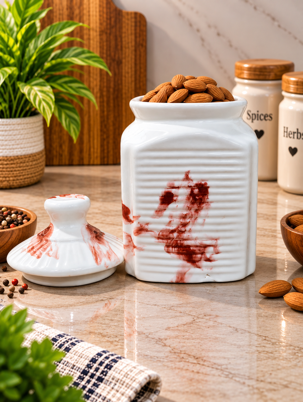 Barniwala 500 ML Ceramic Cutting Storage Jar with Lid | Decorative Kitchen Canister for Dry Fruits, Snacks, Spices, Pickle, Tea & Coffee | Elegant Ceramic Pantry Storage Container | Stylish Kitchen Organizer
