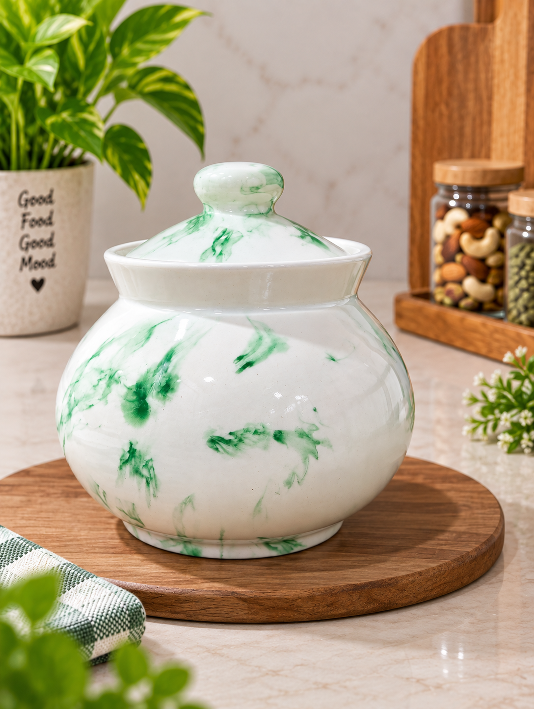 Barniwala 500 ML Ceramic Marble Handi Storage Jar with Lid | Premium Decorative Kitchen Container for Pickle, Achar, Spices, Dry Fruits & Snacks