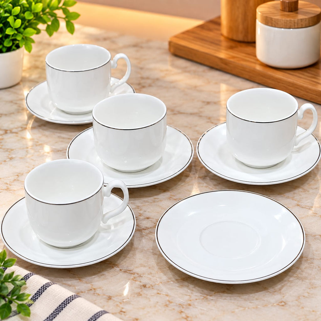 White Ceramic Tea Cup & Saucer Set of 6 | Elegant Coffee Cups with Matching Saucers | Premium Tableware Set for Tea, Coffee, Cappuccino & Hot Beverages