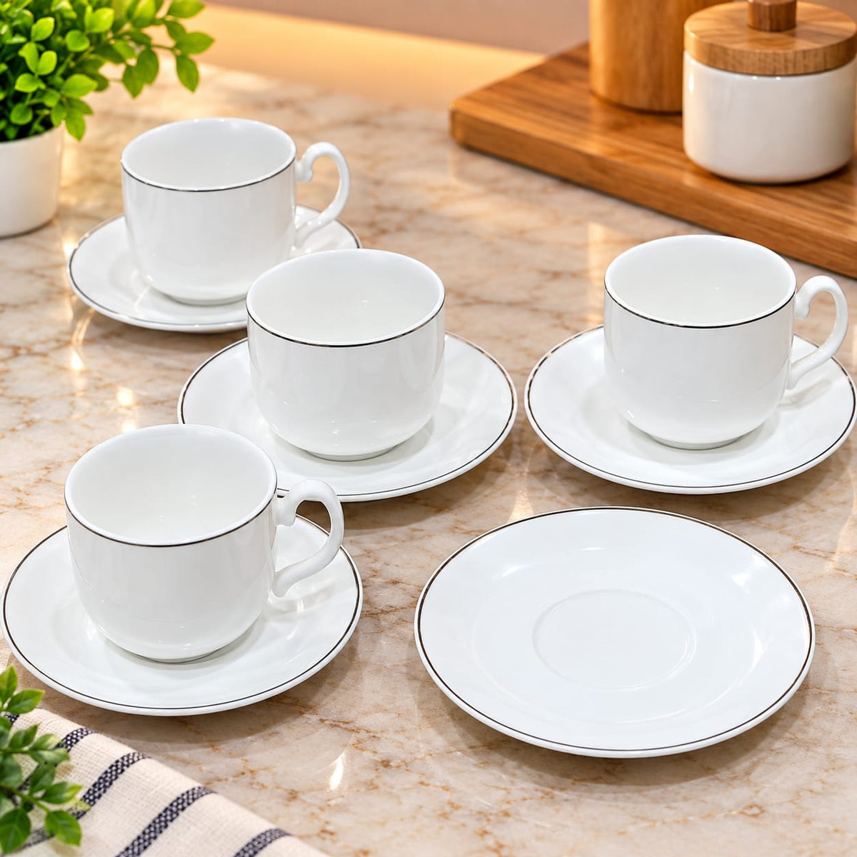 White Ceramic Tea Cup & Saucer Set of 6 | Elegant Coffee Cups with Matching Saucers | Premium Tableware Set for Tea, Coffee, Cappuccino & Hot Beverages