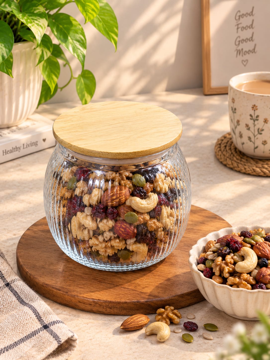 Glass Storage Jar with Bamboo Lid pack of 1 | Ribbed Textured Glass Container | Premium Kitchen Storage Jar for Dry Fruits, Nuts, Spices, Sugar, Tea, Coffee & Snacks