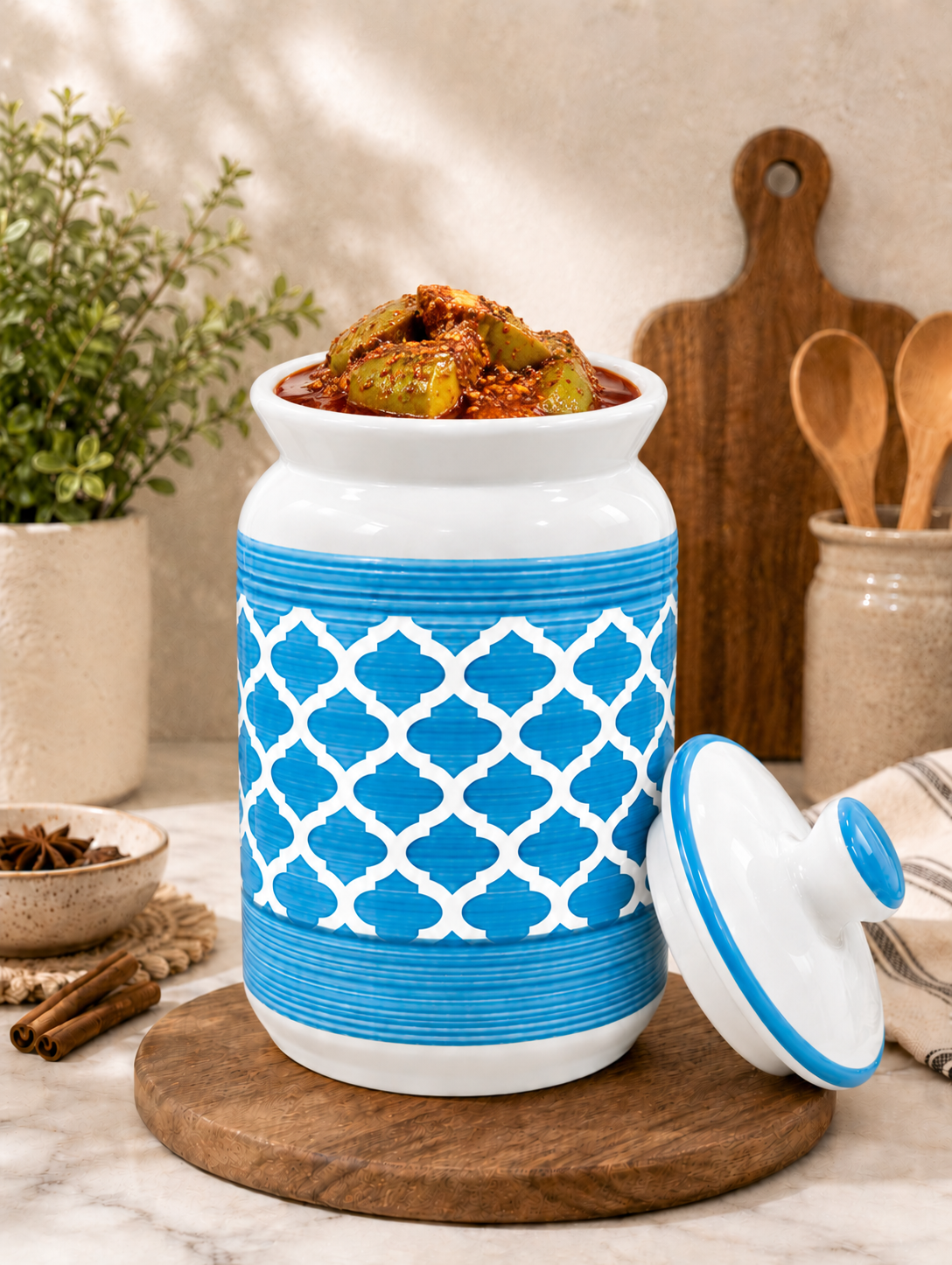 2000 ML Ceramic Storage Jar with Lid | Blue & White Decorative Cylindrical Kitchen Container | Airtight-Style Covered Canister for Dry Fruits, Spices, Tea, Coffee & Dry Food Storage