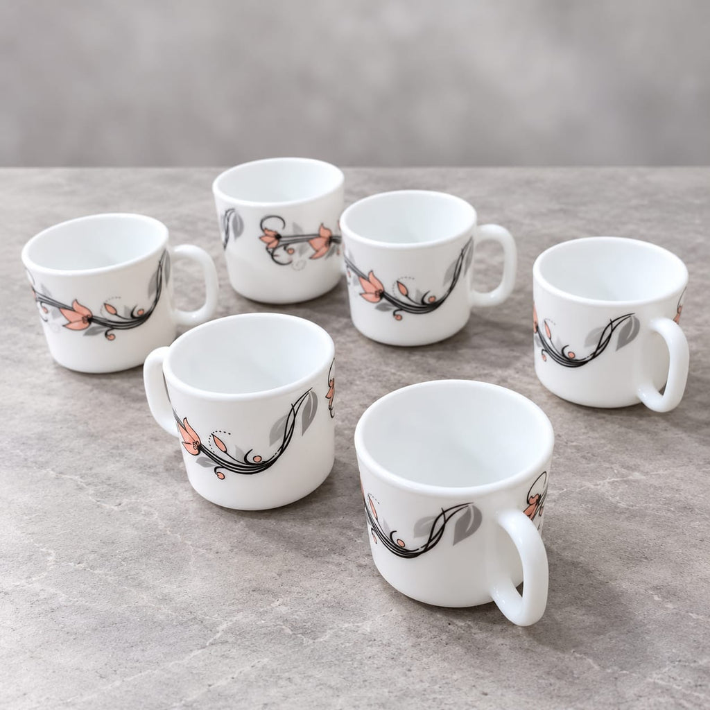 La Opala Scarlet Blooms Cup Set of 6, 120 ml Each, White Floral Design Tea & Coffee Cups