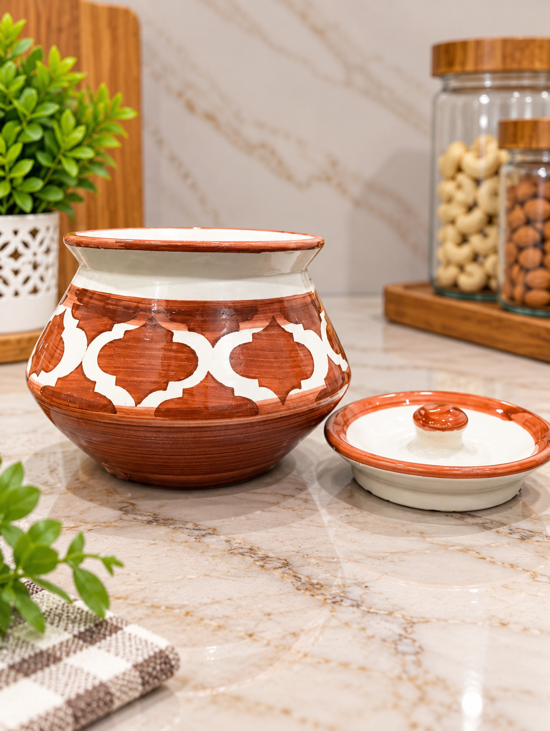 Barniwala 250 ML Ceramic Fancy Handi Jar with Lid | Decorative Kitchen Storage Container for Pickle, Achar, Spices, Sugar, Tea, Coffee, Dry Fruits & Snacks | Traditional Handi Style Storage Pot