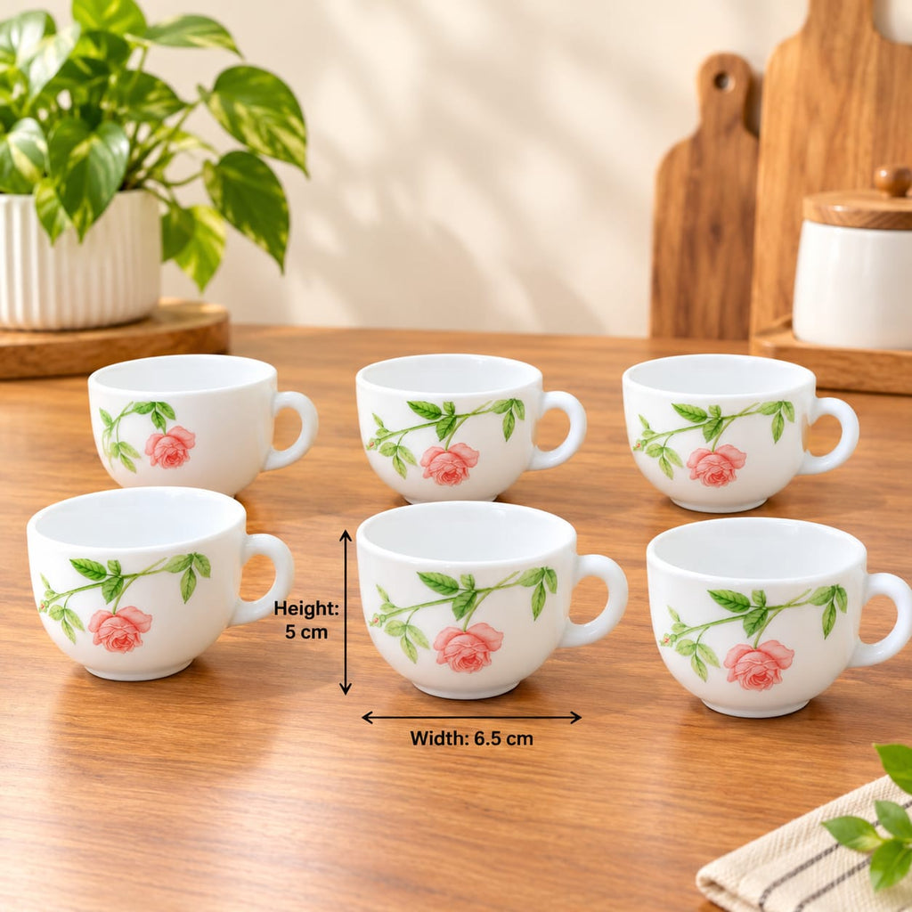 La Opala Rose Garden Cup Set of 6, 100 ML Each | White Floral Tea Cups with Pink Rose Design | Elegant Small Cups for Tea, Coffee & Serving