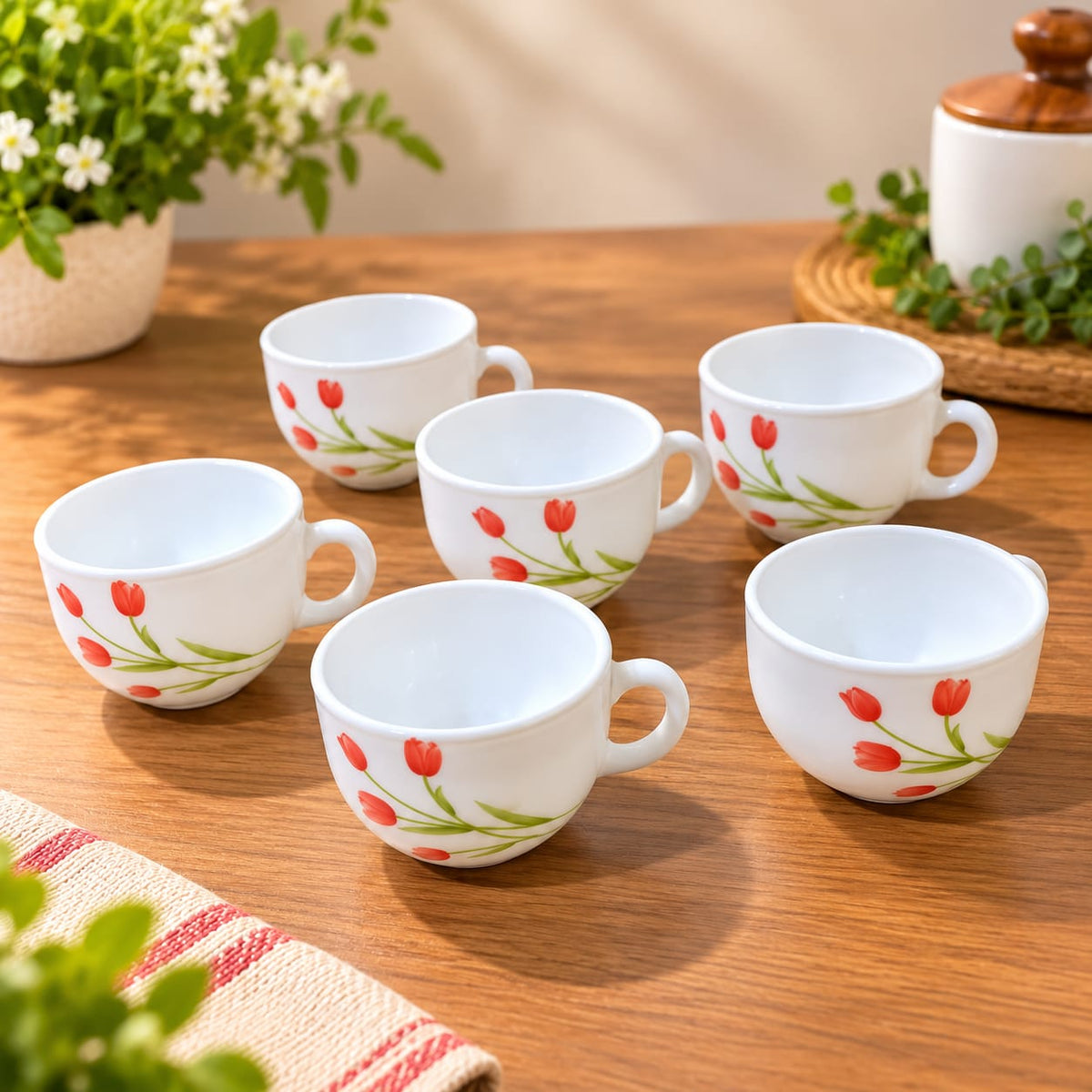 La Opala Radiant Curves Cup Set of 6, 100 ML Each | Premium White Cups with Red Floral Design | Elegant Tea & Coffee Cups for Home and Office