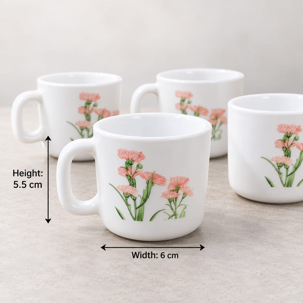 La Opala Pink Florets Cup Set of 6, 120 ML Each | White Floral Printed Tea & Coffee Cups | Elegant Drinkware Set for Home, Office & Gifting