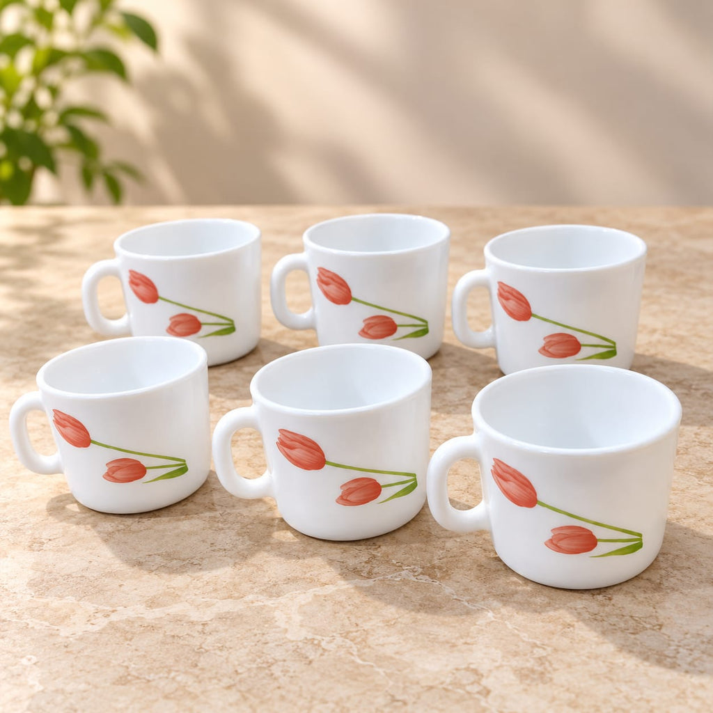 La Opala Scarlet Duet Cup Set of 6, 120 ml Each, White Floral Tea & Coffee Cups