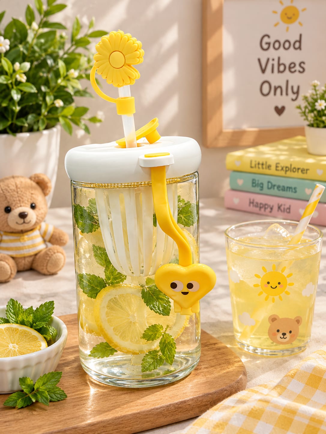 Lemon Cold Extraction Cup Pack of 1 | Glass Infuser Drinking Cup with Lemon & Mint Infuser, Lid, Straw & Handle | Fruit Infusion Water Bottle for Juice, Detox Water & Cold Beverages