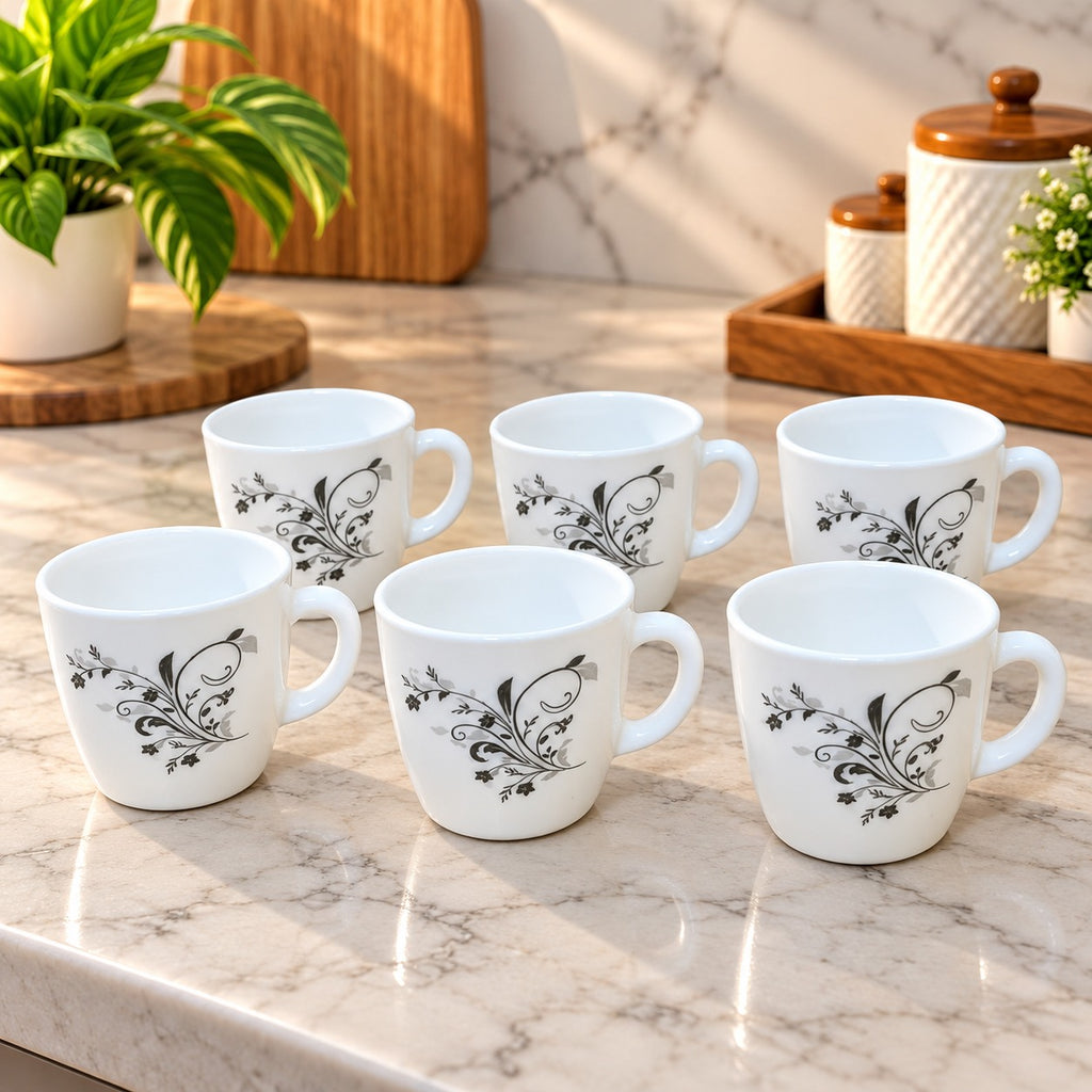 Cello Ricca Black Swirl Tea Cups Set of 6, 100 ML Each, White Cups with Elegant Black Floral Design for Tea, Coffee & Serving