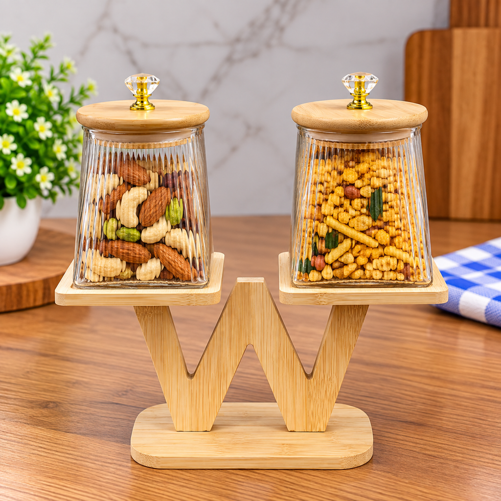 Barniwala Set of 2 Round Heaven & Square Earth Fluted Pattern Glass Storage Jars with Bamboo Lids & Crystal Knobs, Decorative Kitchen Containers for Dry Fruits, Nuts, Snacks & Spices