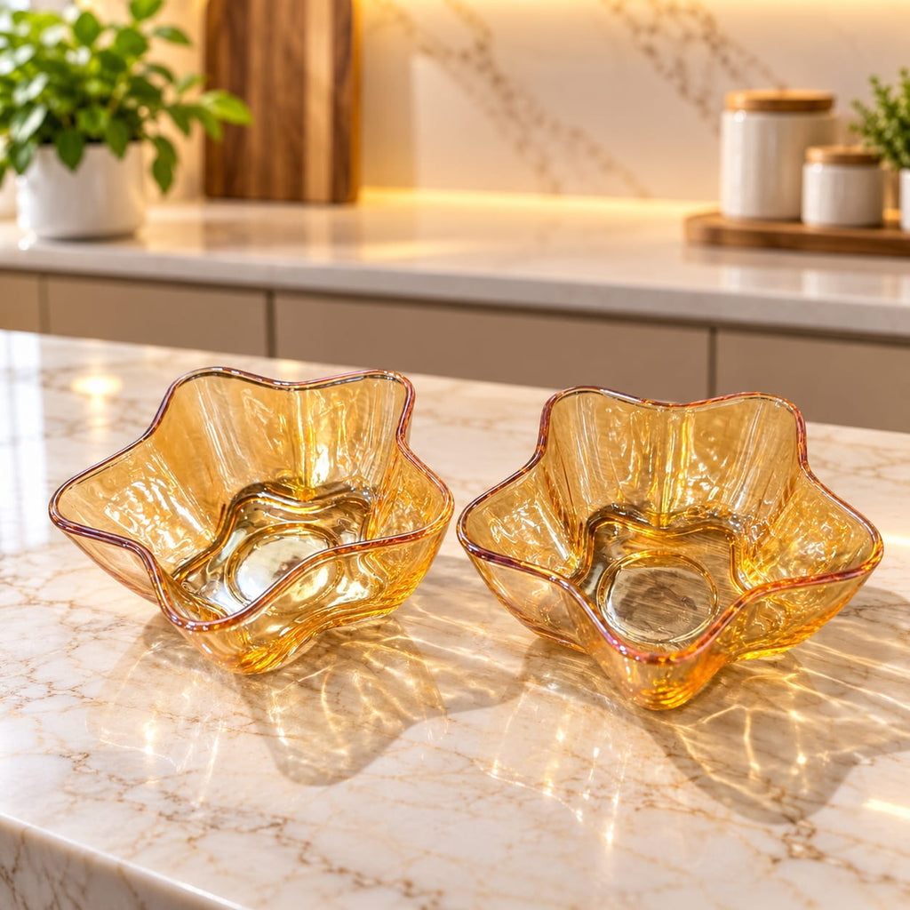 Amber Star Glass Bowl Set of 2 | Decorative Flower-Shaped Glass Serving Bowls | Elegant Amber Glass Bowls for Snacks, Desserts & Home Décor